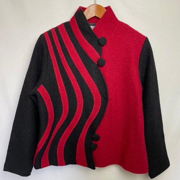 North Style Womens 100% Boiled Wool Jacket Size L Red Black Wavy Lines Designer - Picture 1 of 6